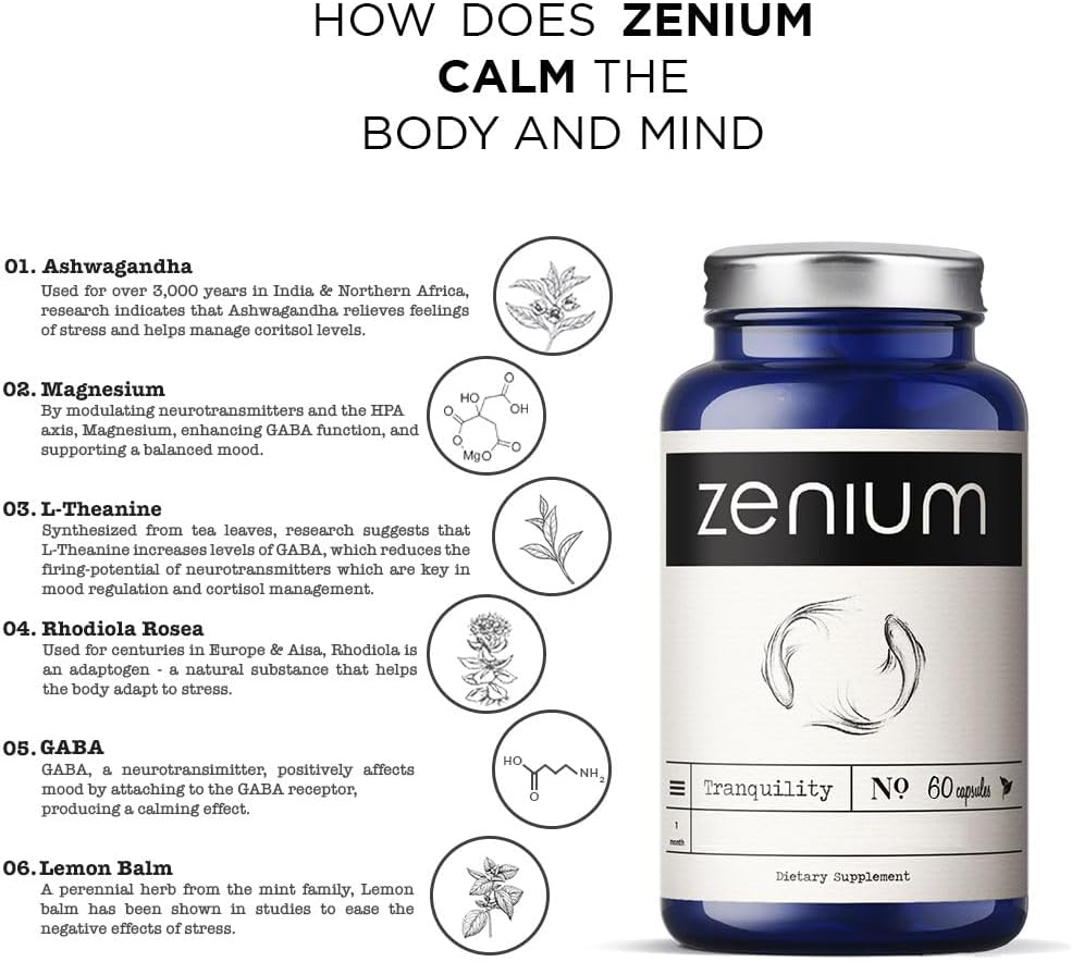 Zenium - Relieve Stress, Tension, Worry, Nervousness, & Irritability | Calm The Mind & Body | Ayurvedic | Natural Relief Supplement | Boosts Mood | Ashwagandha, L-Theanine, GABA, Rhodiola |60 Capsules