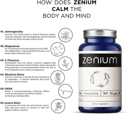 Zenium - Relieve Stress, Tension, Worry, Nervousness, & Irritability | Calm The Mind & Body | Ayurvedic | Natural Relief Supplement | Boosts Mood | Ashwagandha, L-Theanine, GABA, Rhodiola |60 Capsules