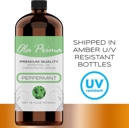 Ola Prima Peppermint Essential Oil Therapeutic Grade 16 oz for Aromatherapy, Diffuser, Cleaning, Lotions, Creams, Bath Bombs, Scrubs, Candles