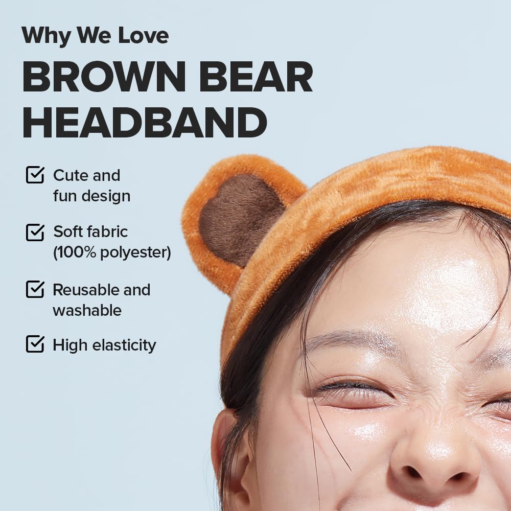 I DEW CARE Face Wash Headband - Brown Bear | Animal Head band for Face Washing & Skincare, Spa Day, Soft & Fuzzy, Cute for Makeup, Shower, Teen Girls Stuff, Teddy Bear Ears, (1 Count)