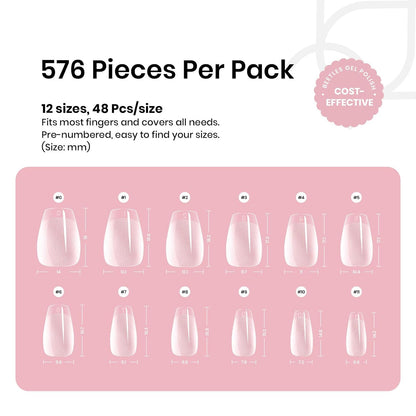 Beetles Gel Nail Tips Extra Short Coffin 576Pcs 12 Sizes - Pre-Etched Shaped Half Matte Soft Nail Tips Press On Nails Full Cover False Nails Acrylic Fake Nail Extension Kit Gift for Women