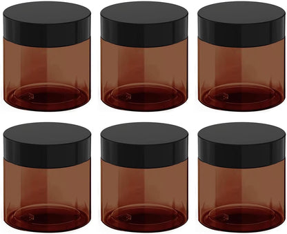 12 oz Amber Plastic Cosmetic Jars Leak Proof Container with Black Lid for Cream, Lotion, Powder, ointment, Beauty Products etc, 6 Pcs.
