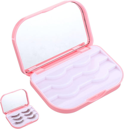 Eyelash Storage Case, 3 Layer Lash Case Makeup Storage Box with Makeup Mirror Empty Travel Cases Cosmetic Organizer Box Fake Eyelash Container Lash Packaging (Pink)