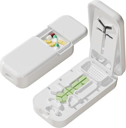 Precision Pill Cutter with Centering Guide - Multi-Angle Tablet Splitter for 1/2, 1/3 & 1/4 Cuts, Includes Pill Crusher & Storage Compartment (White)