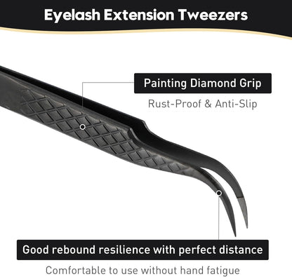 Ms.Queen Eyelash Tweezers For Extensions, Precision Diamond Grip Curved Lash Tweezers Fiber Tip,Black