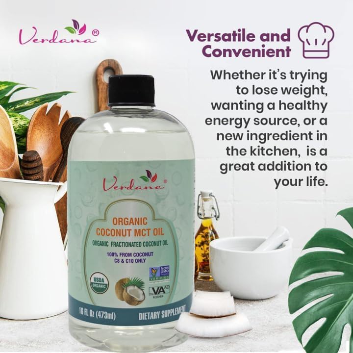 Verdana USDA Certified Organic Coconut MCT Oil – Fractionated Coconut Oil – No Palm Kernel Used – Kosher, Food Grade, Non-GMO – Great for Keto and Paleo Diets, Oil Pulling Rinse Mouthwash – 16 Fl Oz