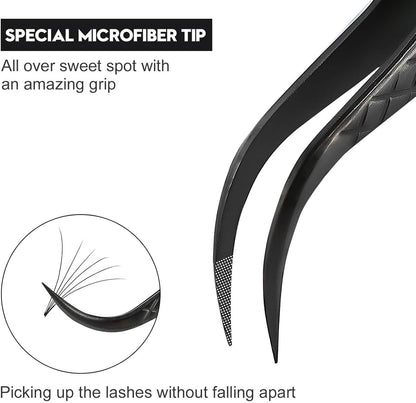Ms.Queen Eyelash Tweezers For Extensions, Precision Diamond Grip Curved Lash Tweezers Fiber Tip,Black