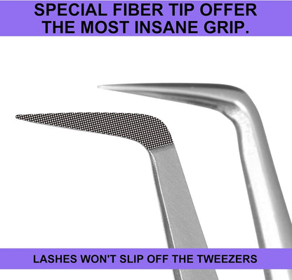 Fiber Tip Lash Tweezers For Eyelash Extension 4 Pcs Tweezers Professional Artist Tech Work Kit Tools,Best Volume Eyelash Extensions Precision 90 45 Degree(White Silver)