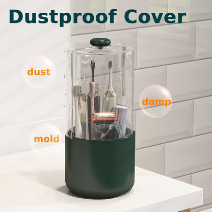 Toothbrush Holder with Cover 360 Rotating 4 Compartments Bathroom Toothpaste Electric Toothbrush Organizer, Dark Green