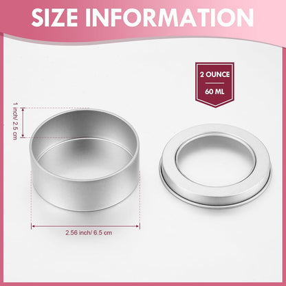 TecUnite 100 Pack 2 Ounce Metal Tin Cans Round Empty Container Salve Tins with Clear Lid for Kitchen, Office, Candles, Candies