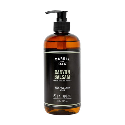 Barrel & Oak All-in-One Wash for Face, Hair, & Body, Vegan & Hydrating Face, Shampoo and Body Wash for Men, Grooming Kit Gifts for Men, Canyon Balsam, 16 oz
