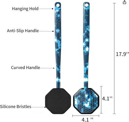iTokGoK® Platinum Camo Blue Pattern Silicone Back Scrubber with Long Handle Back Brush for Shower,Silver-Infused Back Scrubber for Men and Women (Camo Blue)