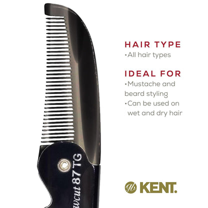 Kent 87T Black Graphite Handmade Folding Pocket Comb for Men, Fine Tooth Hair Comb Straightener for Everyday Grooming Styling Hair, Beard or Mustache, Saw Cut Hand Polished, Made in England (6 Pack)