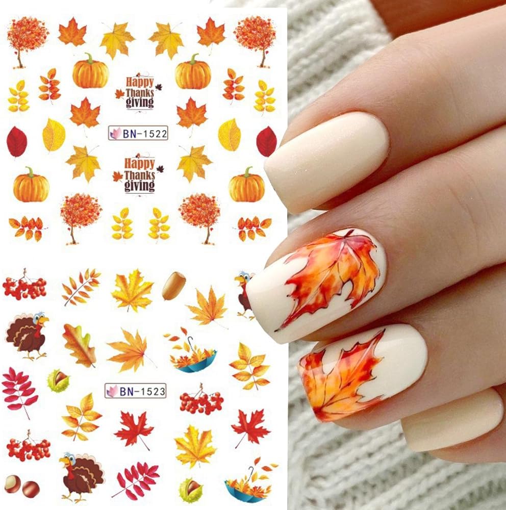 12 Sheets Fall Maple Leaf Nail Art Stickers Autumn Water Transfer Nail Decals Thanksgiving Day Nail Art Supplies Turkey Pumpkin Leaves Scarecrow Nail Design Slider Stickers for Women Nail Decorations