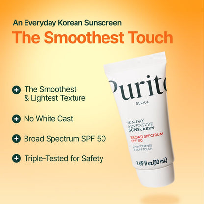 PURITO Sun Day Adventure Korean Sunscreen Smoothest and Lightest Texture Broad Spectrum SPF 50 UVA & UVB Protection No White Cast Oil Free For All Skin Types Vegan Daily Skin Care 50ml, 1.69 fl.oz