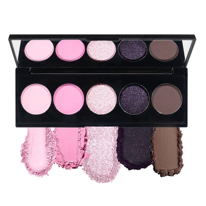 5 Colors Highlight Pink-Purple Eyeshadow Palette with Mirror, Pearl White Silver Brown Nude Rose Gold Glitter Shimmer Palette, Cruelty-Free, Vegan Formula, Matte Eyeshadow for Professional Makeup