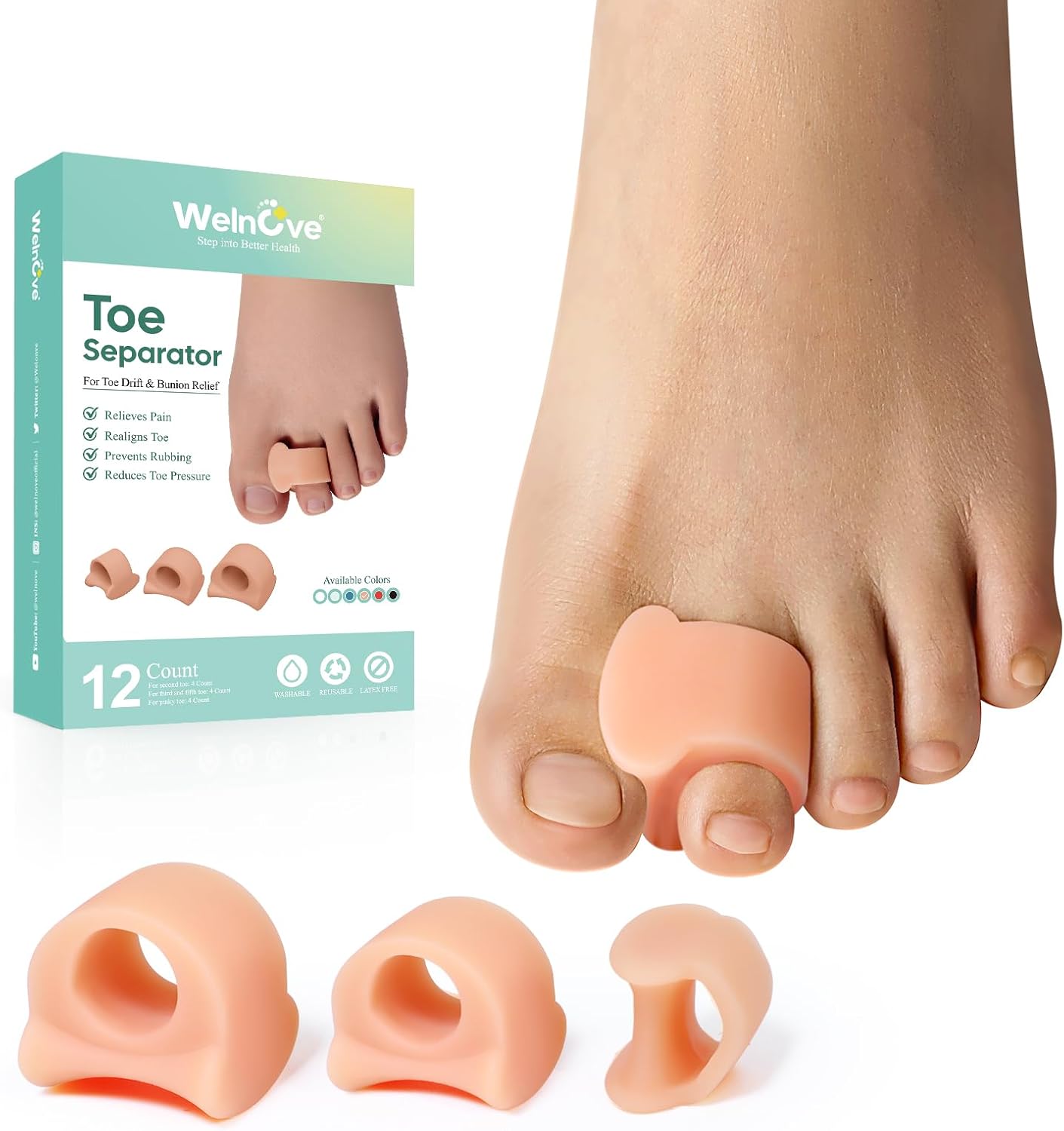 Welnove Toe Separator for Overlapping Toes - 12 PackToe Spacers for Bunions - Toe Corrector for Hammer Toes, Realign Crooked Toes - Preventing Rubbing Relieve Pressure (Multi-Size, Beige)