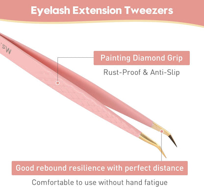 Ms.Queen Tweezers for Lash Extensions,Diamond Grip 3Pcs Fiber Tip 45 90 Degree Volume Eyelash Tweezers Set