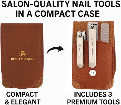 Nail Clippers Set 3 in 1 - Stainless Steel Toe Nail Clippers, Fingernail Clipper, Glass Nail File, Anti Splash, Ergonomic Grip in PU Leather Travel Case for Men & Women (Brown Case)