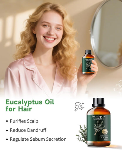 Eucalyptus Essential Oil Pure Mumianhua Natural Eucalyptus Oil for Diffuser, Face, Skin Care, Aromatherapy, Hair Care, Scalp and Body Massage,Spray Candle Making 3.38 Fl Oz