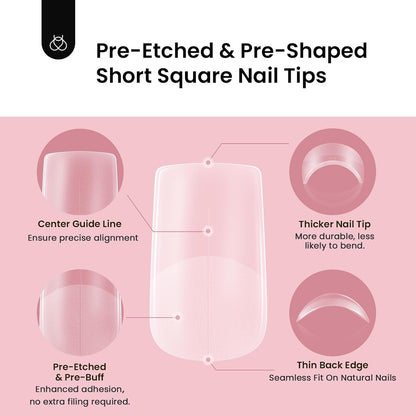 Beetles Short Square Nail Tips, 12 Sizes 288pcs French Full Matte Soft Pre-shaped Etch X Nail Tips, Full Cover False Nails Fake Acrylic Nails No Filing Needed for Nail Extensions Home DIY Nail Salon