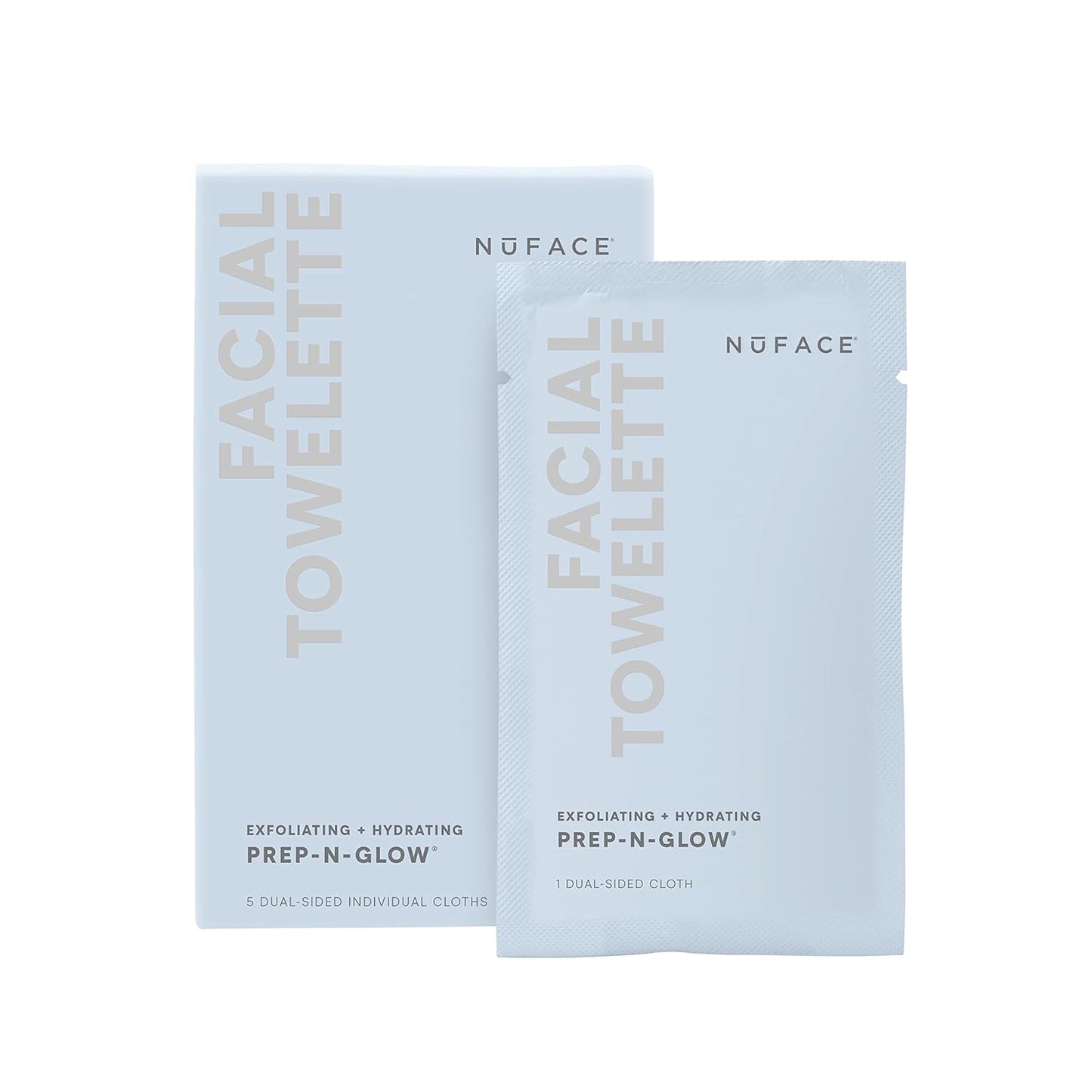 NuFACE Prep-N-Glow Facial Towelettes - 2-in-1 Exfoliating + Cleansing Makeup Remover Wipes, Hyaluronic Acid Travel Face Wipes to Hydrate & Brighten for Glowing Skin - 5 Individually Wrapped Cloths