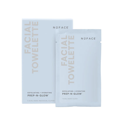 NuFACE Prep-N-Glow Facial Towelettes - 2-in-1 Exfoliating + Cleansing Makeup Remover Wipes, Hyaluronic Acid Travel Face Wipes to Hydrate & Brighten for Glowing Skin - 5 Individually Wrapped Cloths