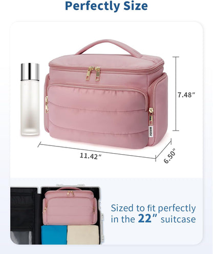 WANDF Travel Toiletry Bag for Women, Wide-open Large Makeup Bag with Handle, Puffy Makeup Organizer for Toiletries, Cosmetics, Accessories, Essentials (Dusty Pink)
