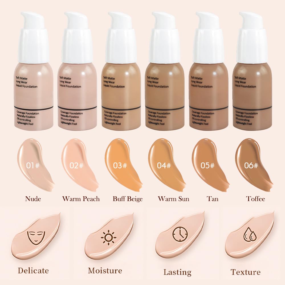 2Pcs Matte Liquid Full Coverage Foundation, Flawless Soft Matte 24HR Oil Control Full Coverage Foundation Makeup for Women, Long-Lasting Waterproof Full Coverage, 01#Nude (01+01, Pack of 2)