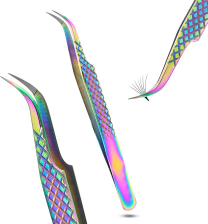 Fiber Tip Tweezers for Lash Extensions Professional Eyelash Extension Tweezer, Fiber Grip Curved Lash Fan Making Tweezers for Volume lashes Extensions (Rainbow, 1Pc)