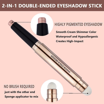 Rose Gold Eyeshadow Stick Makeup, Highlighter Matte Cream Eye Shadow Pencil, Waterproof Hypoallergenic Long Lasting Crayon, Glitter Primer Palette Shimmer Eyeliner Pen wiht Soft Brush