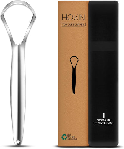 HOKIN Tongue Scraper for Adults with Travel Case (1Pcs Oral Care Pack) - 100% Metal Spoon Shaped Tongue Cleaner, Tough Scraper for Oral Hygiene