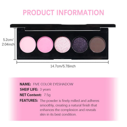 5 Colors Highlight Pink-Purple Eyeshadow Palette with Mirror, Pearl White Silver Brown Nude Rose Gold Glitter Shimmer Palette, Cruelty-Free, Vegan Formula, Matte Eyeshadow for Professional Makeup