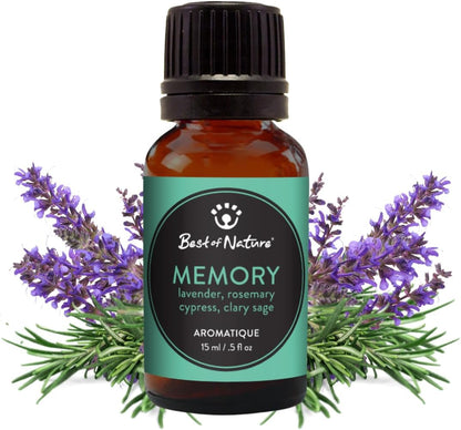 Best of Nature Memory Essential Oil Blend – 100% Pure for Diffuser, Aromatherapy & Focus – Herbal, Refreshing Scent with Lavender, Rosemary, Cypress & Clary Sage