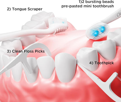 cleaings® Disposable Toothbrushes with Toothpaste - 4-in-1 Mini Travel Toothbrushes, Built-in Tongue Scraper, Floss & Picks for On-The-Go, Camping, Work (Extra Strong Mint)