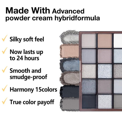 Smokey Black Eye Shadow Makeup Palette,15 Colors Gray Silver Dark Shimmer Matte Makeup Pallet,Long Lasting Waterproof Blendable for Daily and Halloween,Vegan,Cruelty -free