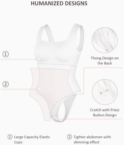 FeelinGirl Bodysuits for Women Seamless Square Neck Tummy Control Compression Thong Shapewear Bodysuit Tank Tops Bodysuit