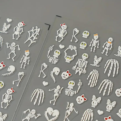 2 Sheets Halloween 5D Embossed Nail Art Stickers - Skeleton, White Skull Nail Stickers with Spider Web Heart Design - Self-Adhesive Horror Decals for Women - Art Supplies and Decorations