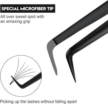 Ms.Queen Fiber Tip Tweezers for Lash Extensions, Precision 90 Degree Eyelash Tweezers for Volume & Classic Lashes,Black