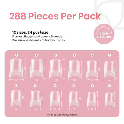 Beetles Gel Nail Tips Kit Etch-X, Square Medium, 288Pcs 12 Sizes, with 10mL Nail Glue, Pre-Etched Half Matte Half Cover Soft Acrylic False Nail Kit for Home DIY Salon Art Fall Press on Nail Extension