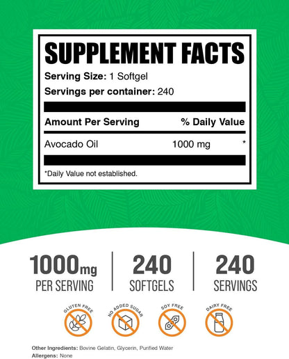 BulkSupplements.com Avocado Oil 1000mg Softgels - Avocado Oil Supplement, Avocado Oil Capsules, Avocado Oil Pills - Gluten Free & Soy Free, 1 Avocado Oil Softgel per Serving, 240 Softgels