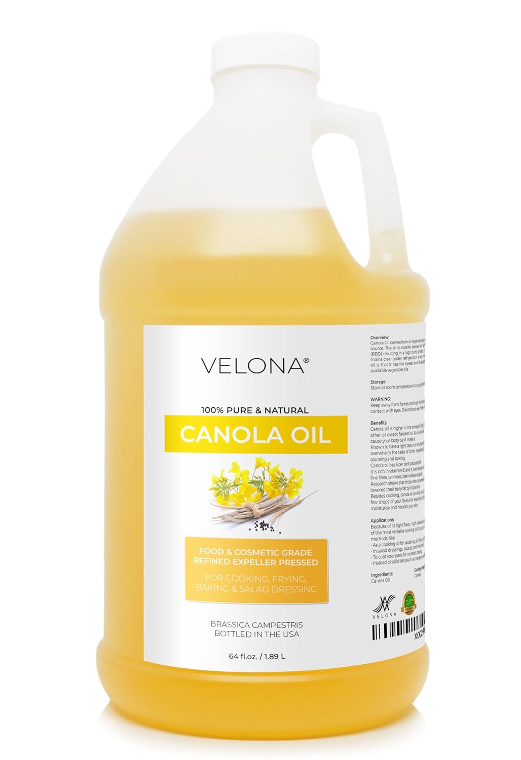 velona Canola Seed Oil 64 fl oz | 100% Pure and Natural Carrier Oil | Refined, Expeller pressed | Cooking, Dressing, Skin, Face, Body, Hair Care | Use Today - Enjoy Results