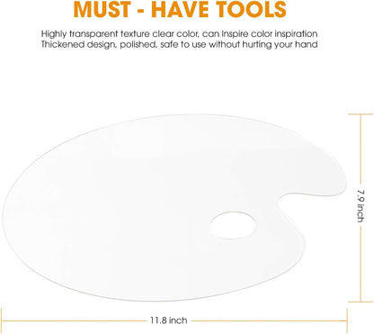 Acrylic Paint Palette 2pcs 11.8 x 7.9 inches with Thumb Hole by DUGATO, Clear Oval-Shaped Non-Stick Acrylic Oil Paint Mixing Tray- Comfortable to Hold & Easy to Clean - for DIY Art Painting Plate
