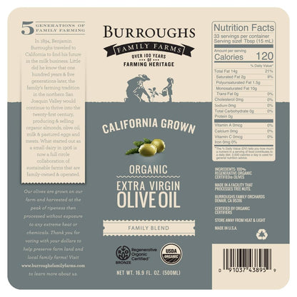 Burroughs Family Farms Premium Organic Extra Virgin Olive Oil – Cold-Pressed California EVOO, Polyphenol Rich Family Blend – Regenerative Organic & USDA Certified, Non-GMO, Gluten-Free – 500ml (16.9 fl oz) Glass Bottle