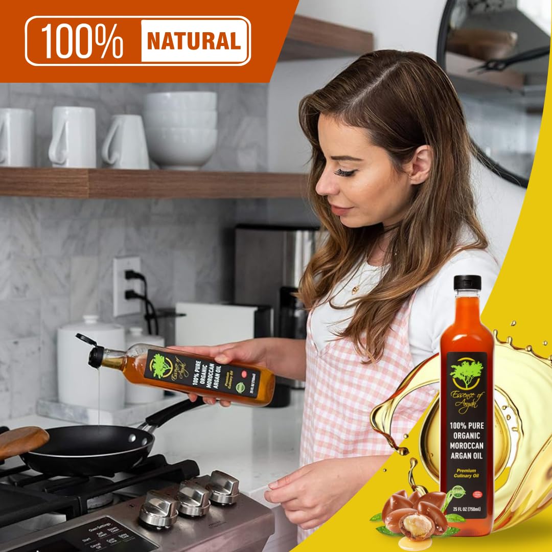 Essence of Argan Organic Moroccan Argan Oil for Cooking, Vegan Eco-Certified USDA-Approved Natural Argan Oil, Great Culinary Oil and Keto Dressing Rich in Nutrients, 25 Ounces