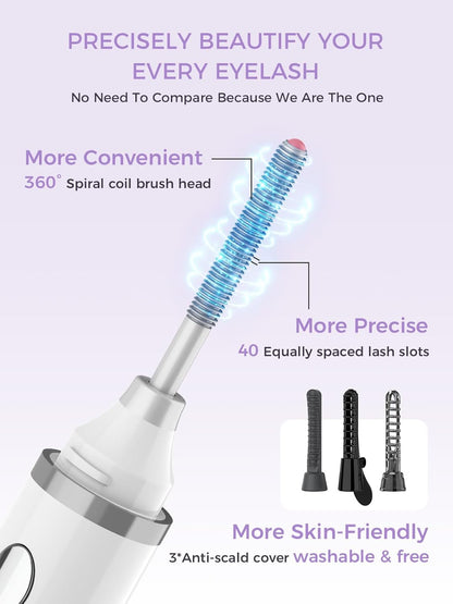 Smiling Shark Heated Eyelash Curler, 2025 New 360°Wand-Style Heated Lash Brush Rechargeable with 3 Brush Heads & 3 Temp 【Lengthen/Define/Curler】 3-in-1 Lash Curler for All Types of Lashes, White