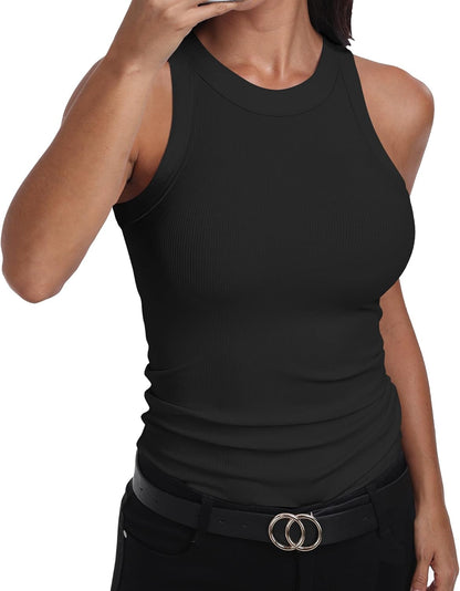 GEMBERA Womens Sleeveless Racerback High Neck Casual Basic Cotton Ribbed Fitted Tank Top