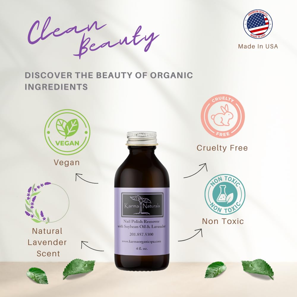 Karma Organic Nail Polish Remover with Soybean Oil and Lavender Oil- Non Toxic, Vegan, Cruelty Free, Acetone Free – Nails Strengthener for Fingernails – 12 fl. Oz. (3 Pack)