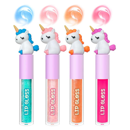 M&U MAKE YOU UP 4pc Unicorn Lip Gloss Stick for Girls- Party Favors Glossy Lip Set with Magic Topper, Girls Birthday Gift, Princess Theme Gift (4 Pack) - Non Toxic