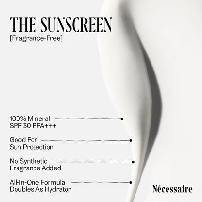 Nécessaire The Mineral Sunscreen SPF 30 PA+++. For The Body. Broad Spectrum. Zinc Oxide, Hyaluronic Acid, Niacinamide. Hydrate. Protect Against Sun Damage + Premature Aging. Dermatologist-Tested 5.1oz